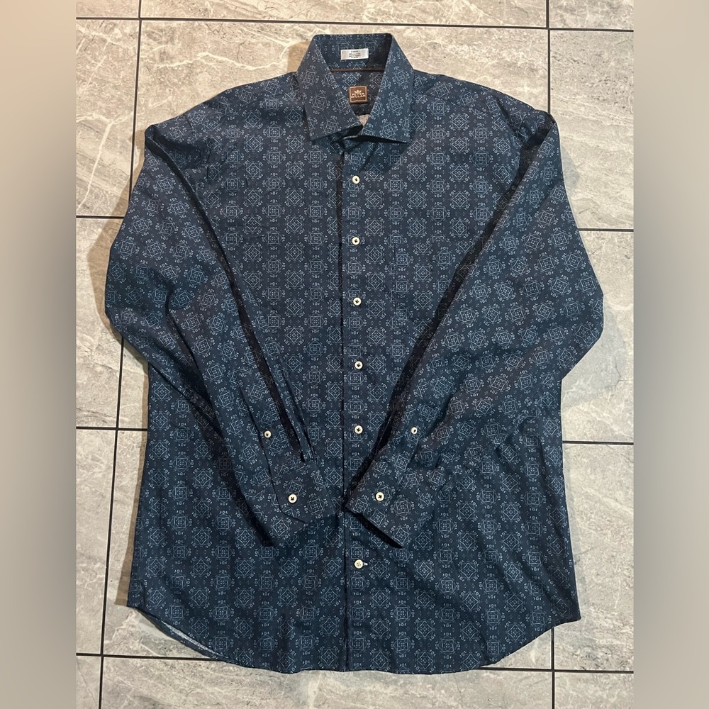 Peter Millar Men's Blue 100% Cotton Long Sleeve Geometric Shirt W/Pocket Sz L